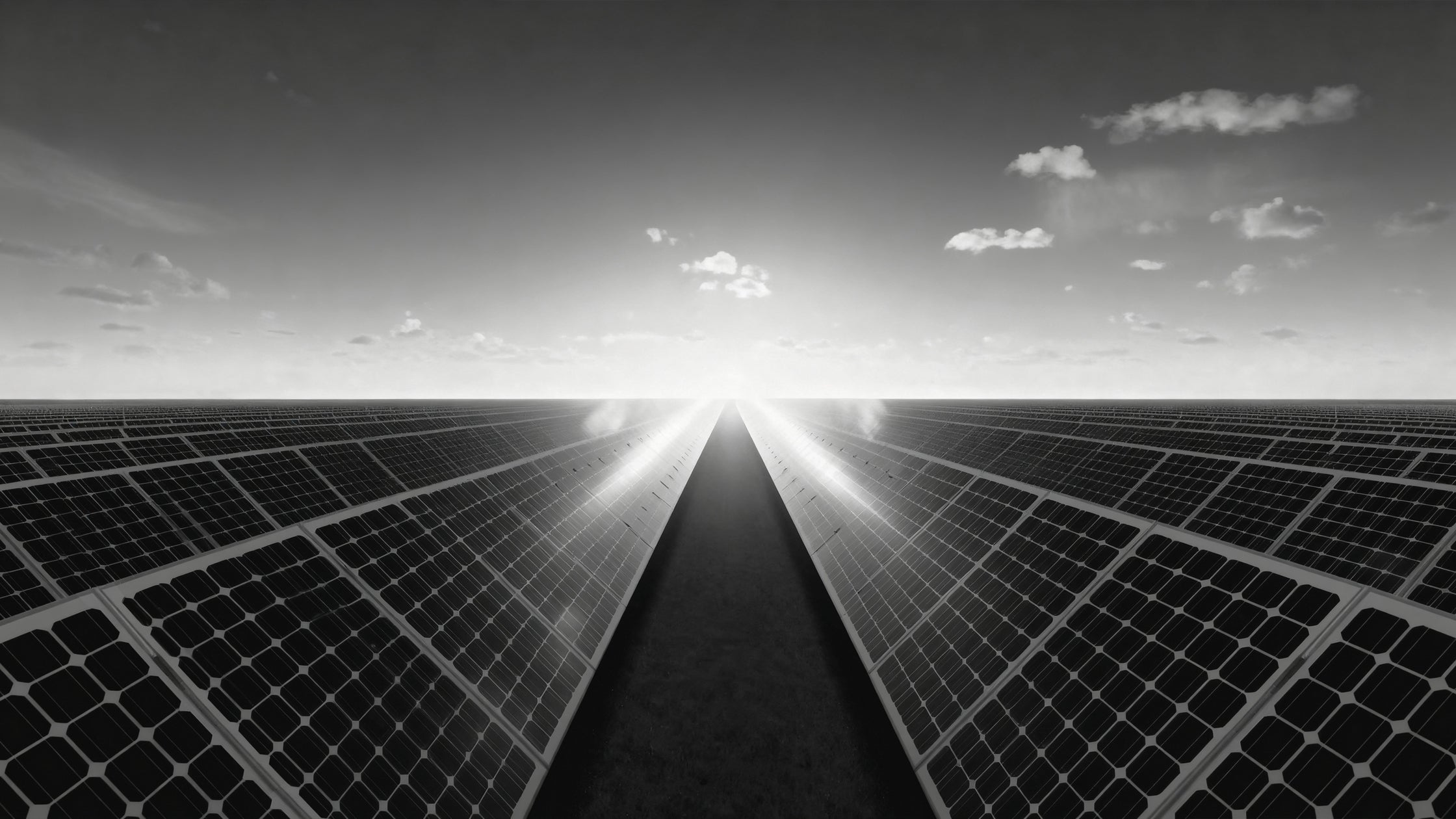 Wide-angle view of a solar panel farm at sunrise representing ALTR's sustainable diamond creation.