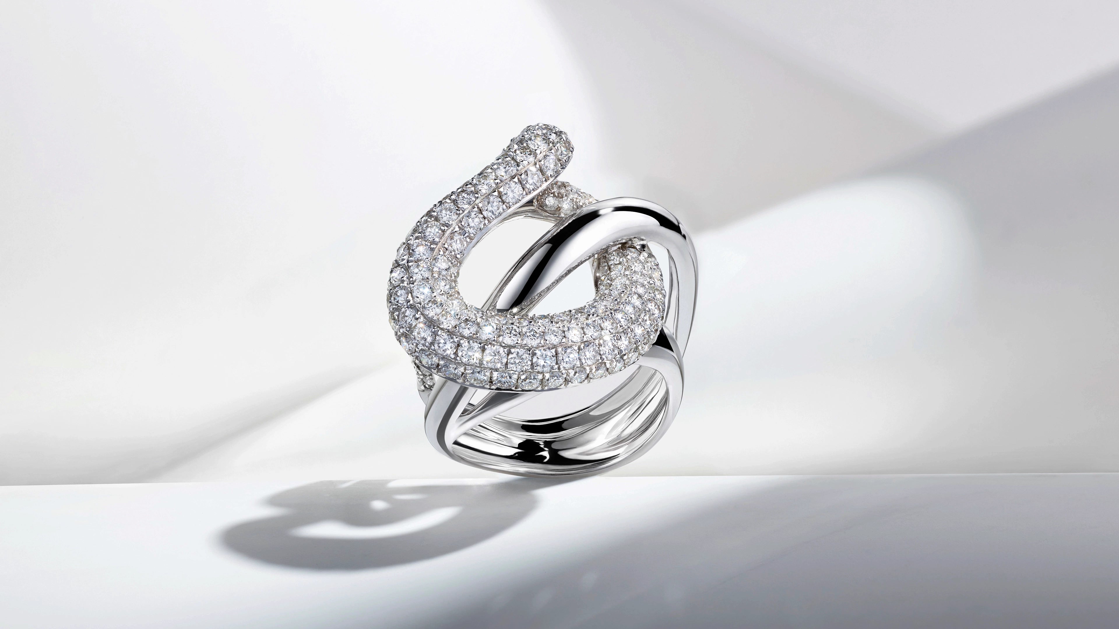 Couture ALTR Created lab-grown diamond designer ring in 18k recycled white gold featuring a pavé-set intertwined loop design.