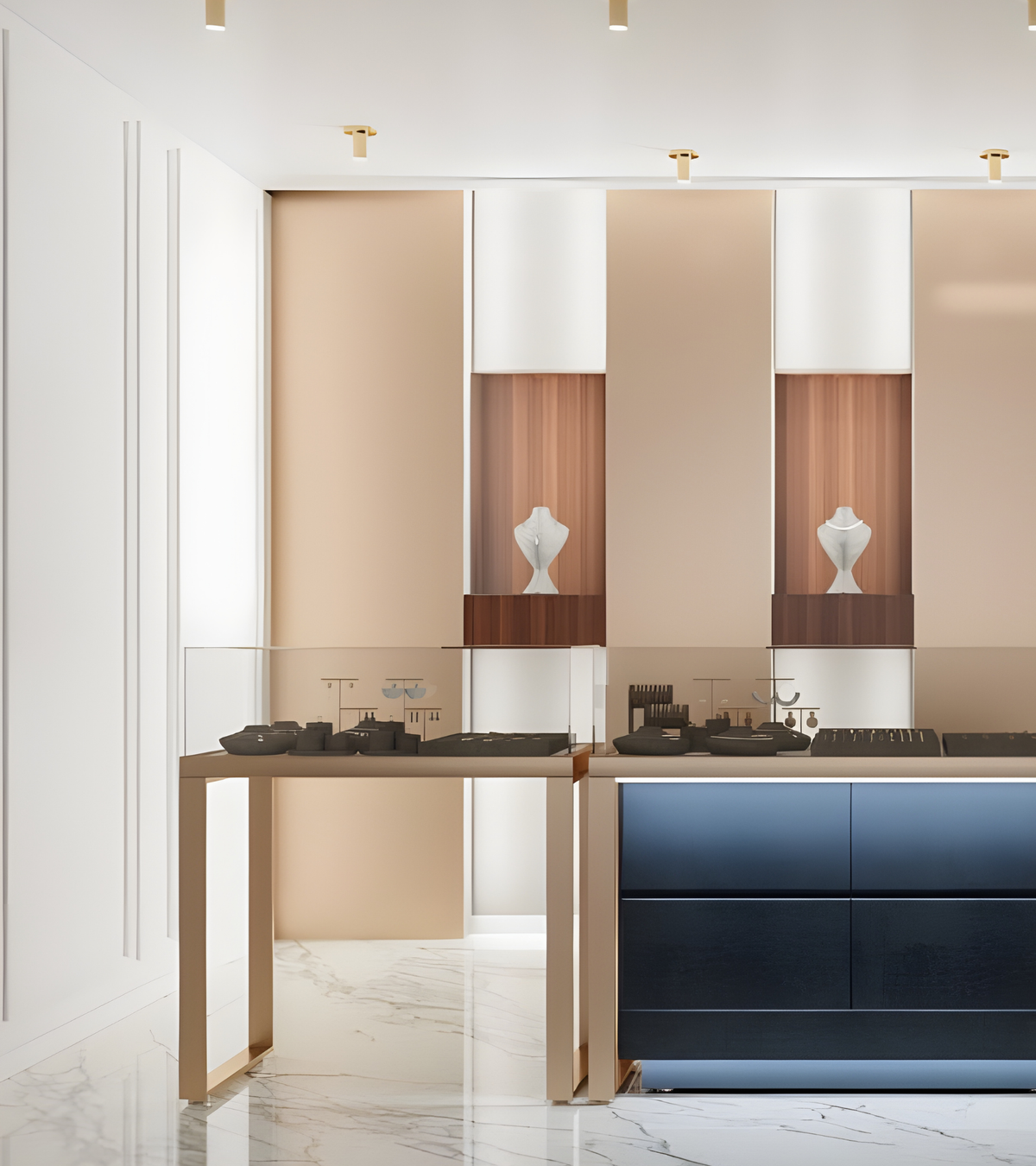 Modern luxury jewelry showroom featuring minimalist display cases and ALTR Created Diamonds branding. Highlighting ALTR’s global distribution network and its mission to empower retail partners with vertically integrated, high-carat Type IIa lab-grown diamonds.
