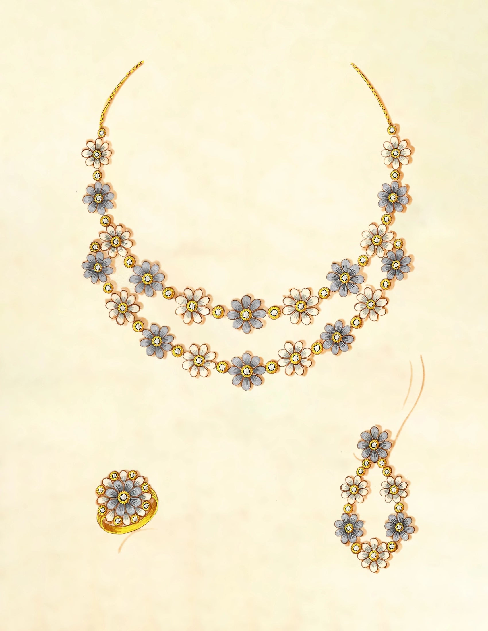 Hand-painted illustrative design of a heritage gold flower necklace, ring, and earrings set showcasing ALTR's design heritage