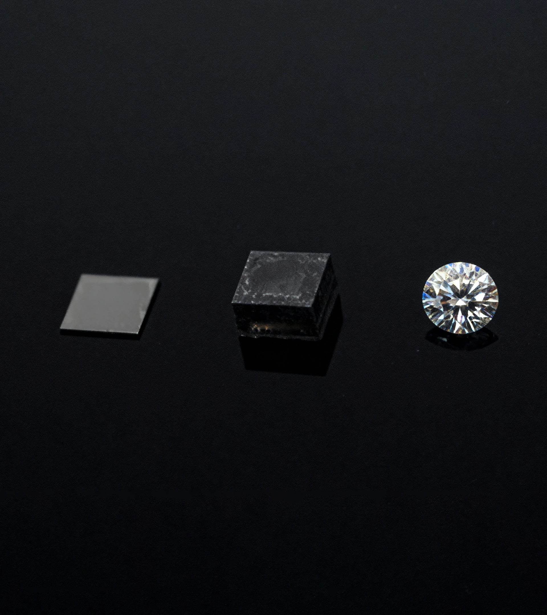 Three stages of diamond growth: from a raw diamond seed to a rough cube to a polished ALTR diamond showing origin traceability of an ALTR created diamond
